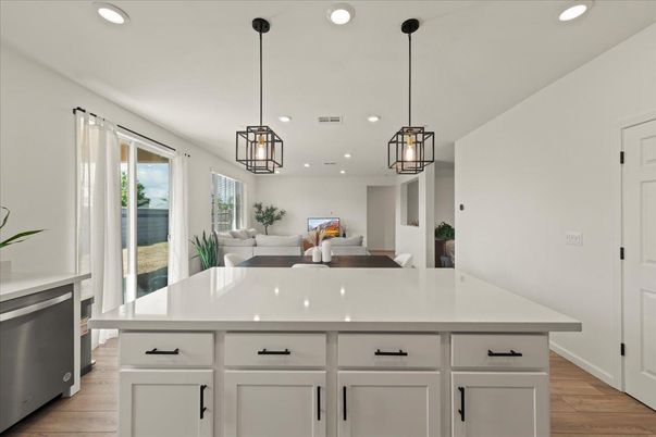 Interior, Kitchen, Living room, Pendant Lights, Recessed Lighting, Wood Texture Flooring