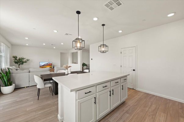 Dining room, Interior, Kitchen, Living room, Pendant Lights, Recessed Lighting, Wood Texture Flooring