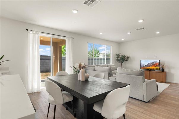 Dining room, Interior, Living room, Recessed Lighting, Wood Texture Flooring