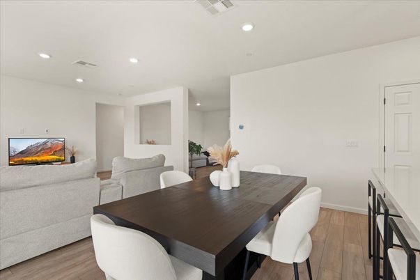 Dining room, Interior, Recessed Lighting, Wood Texture Flooring