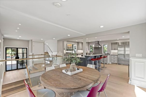 Dining room, Interior, Kitchen, Recessed Lighting, Stainless Steel Appliances, Wood Texture Flooring