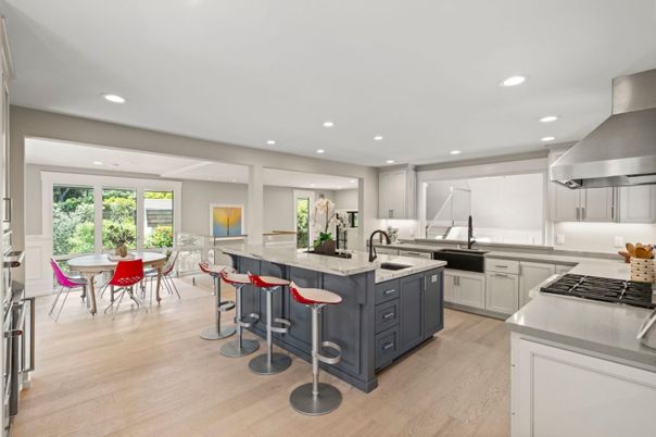 Dining room, Interior, Kitchen, Recessed Lighting, Stainless Steel Appliances, Wood Texture Flooring