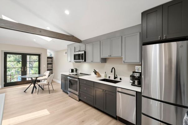 Dining room, Interior, Kitchen, Recessed Lighting, Stainless Steel Appliances, Wooden Beams, Wood Texture Flooring