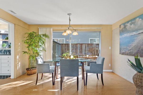 Dining room, Interior, Pendant Lights, Wood Texture Flooring
