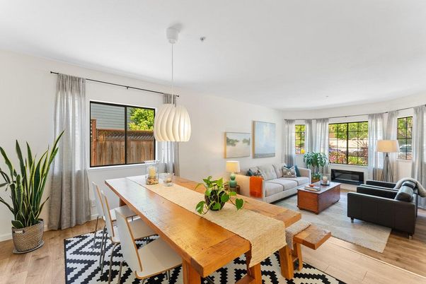 Dining room, Fireplace, Interior, Living room, Pendant Lights, Wood Texture Flooring