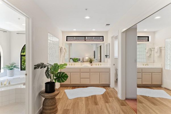 Bathroom, Dual Sink Vanities, Interior, Recessed Lighting, Tile Countertops, Wood Texture Flooring