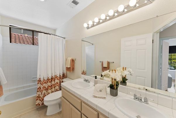 Bathroom, Dual Sink Vanities, Interior, Recessed Lighting, Tile Countertops