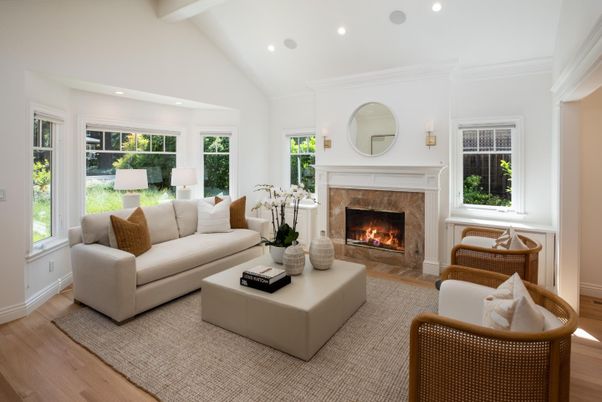 Fireplace, Interior, Living room, Recessed Lighting, Wood Texture Flooring