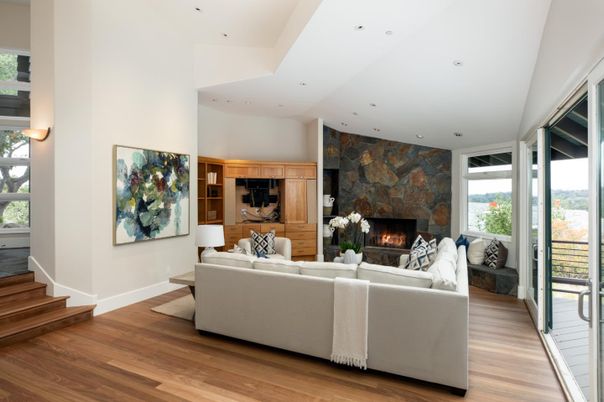 Fireplace, Interior, Living room, Recessed Lighting, Stone Walls, Wood Texture Flooring
