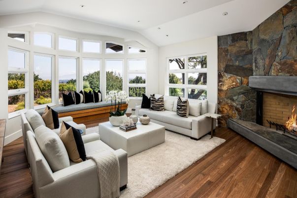 Fireplace, Interior, Living room, Recessed Lighting, Stone Walls, Wood Texture Flooring