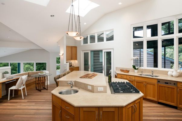 Dining room, Interior, Kitchen, Pendant Lights, Recessed Lighting, Wood Texture Flooring