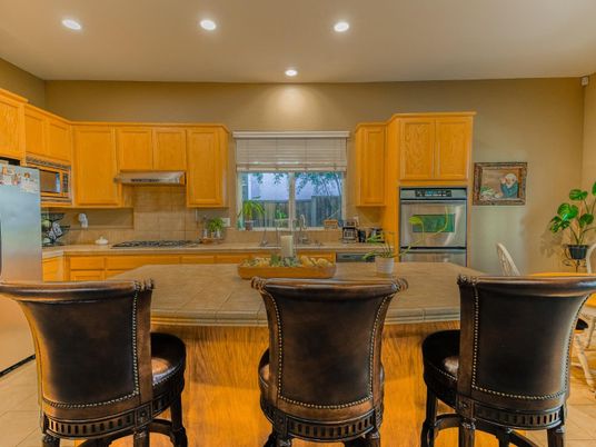 Interior, Kitchen, Recessed Lighting, Tile Countertops, Wood Texture Flooring