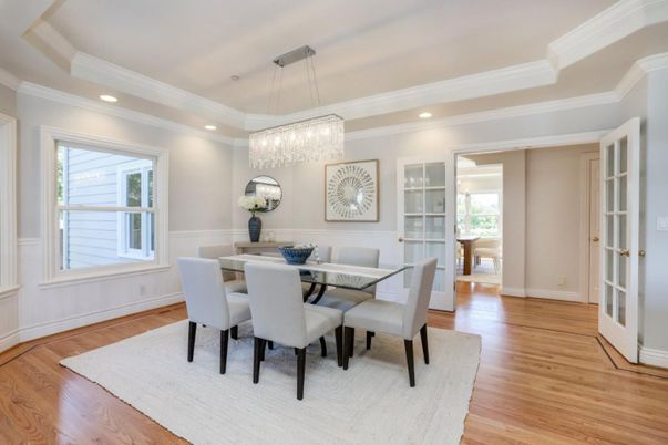 Chandelier, Dining room, Fireplace, Interior, Living room, Recessed Lighting, Wooden Beams, Wooden Ceilings, Wood Texture Flooring