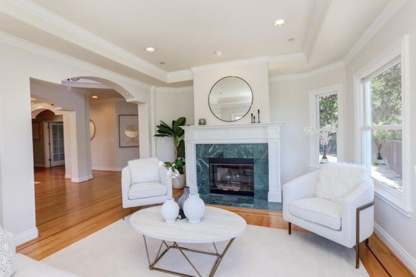 Fireplace, Interior, Living room, Recessed Lighting, Wood Texture Flooring