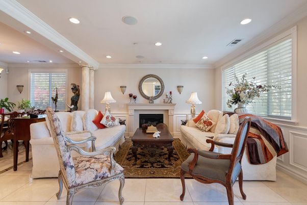 Dining room, Fireplace, Interior, Living room, Recessed Lighting