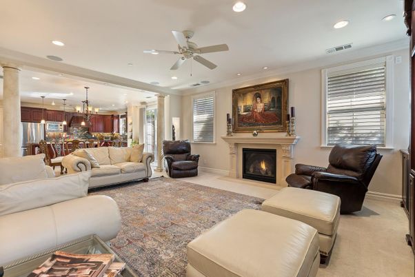 Dining room, Fireplace, Interior, Kitchen, Living room, Pendant Lights, Recessed Lighting