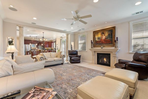 Chandelier, Dining room, Fireplace, Interior, Kitchen, Living room, Recessed Lighting, Stainless Steel Appliances