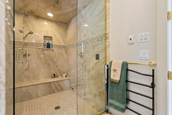 Bathroom, Glass Shower, Interior, Marble Walls, Recessed Lighting