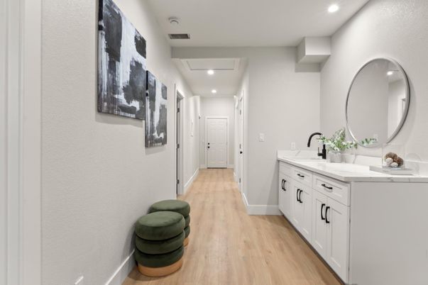 Bathroom, Dual Sink Vanities, Interior, Recessed Lighting, Wood Texture Flooring