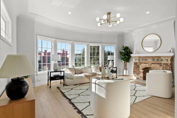 Fireplace, Interior, Living room, Pendant Lights, Recessed Lighting, Wood Texture Flooring