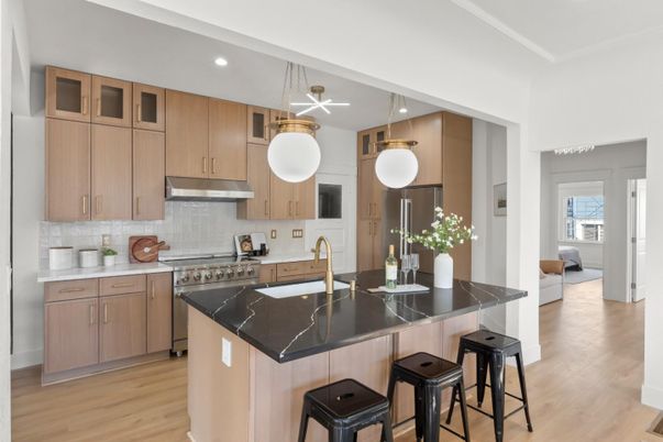 Interior, Kitchen, Pendant Lights, Recessed Lighting, Stainless Steel Appliances, Wood Texture Flooring