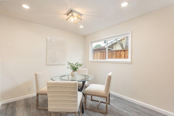 Dining room, Interior, Recessed Lighting, Wood Texture Flooring