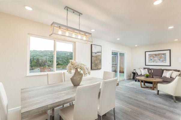 Dining room, Interior, Living room, Pendant Lights, Recessed Lighting, Wood Texture Flooring