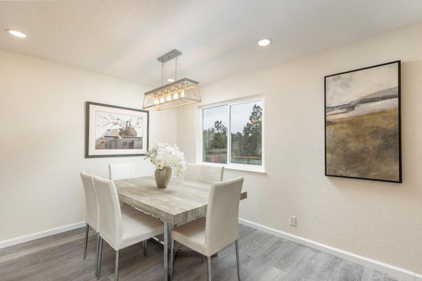 Dining room, Interior, Pendant Lights, Recessed Lighting, Wood Texture Flooring