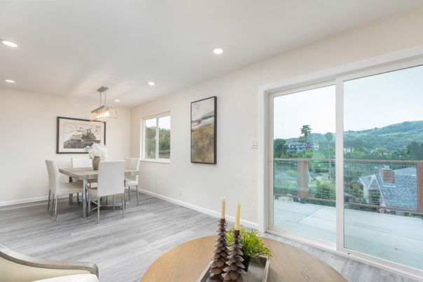 Dining room, Interior, Pendant Lights, Recessed Lighting, Wood Texture Flooring