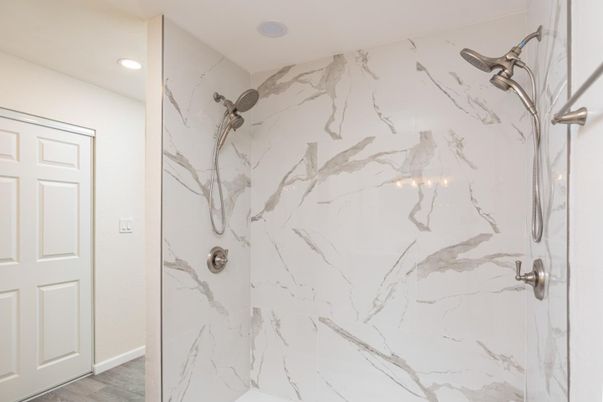 Bathroom, Interior, Marble Walls, Recessed Lighting, Wood Texture Flooring