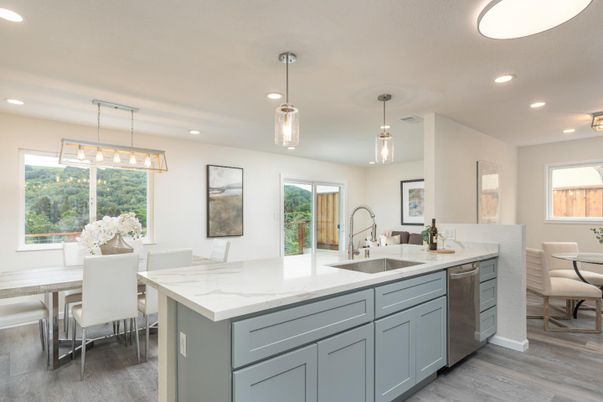 Dining room, Interior, Kitchen, Pendant Lights, Recessed Lighting, Wood Texture Flooring