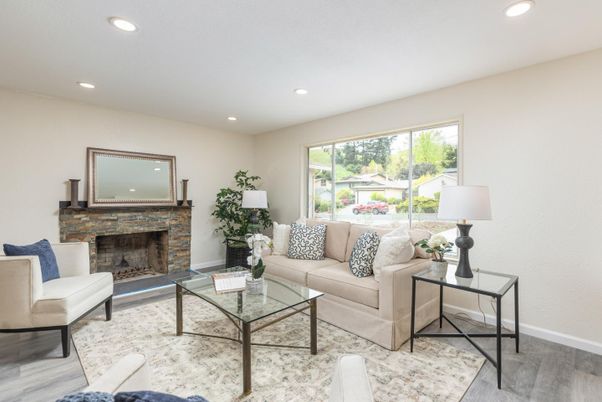 Fireplace, Interior, Living room, Recessed Lighting, Wood Texture Flooring