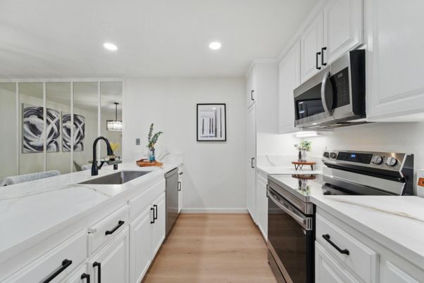Interior, Kitchen, Recessed Lighting, Stainless Steel Appliances, Wood Texture Flooring