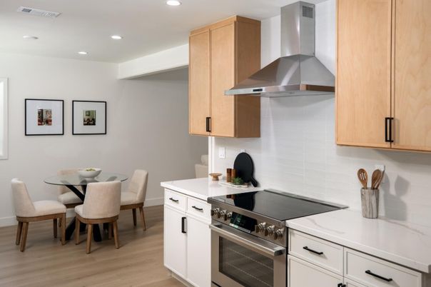 Dining room, Interior, Kitchen, Recessed Lighting, Stainless Steel Appliances, Wood Texture Flooring