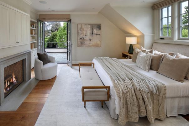 Bedroom, Fireplace, Interior, Recessed Lighting, Wood Texture Flooring