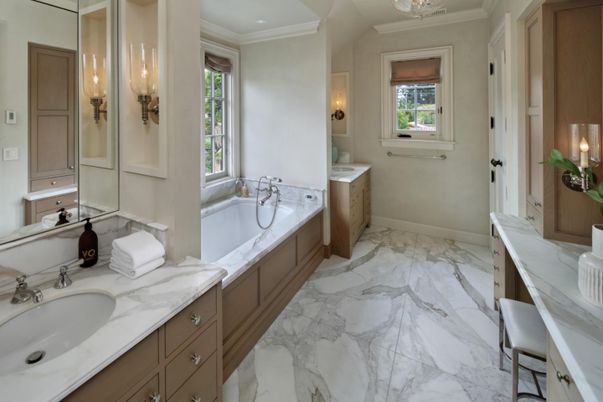 Bathroom, Dual Sink Vanities, Interior, Marble, Recessed Lighting