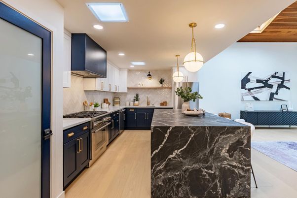 Interior, Kitchen, Marble Walls, Pendant Lights, Recessed Lighting, Stainless Steel Appliances, Wood Texture Flooring