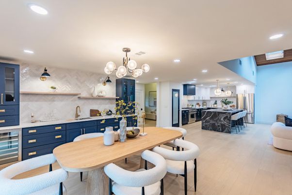 Dining room, Interior, Kitchen, Pendant Lights, Recessed Lighting, Stainless Steel Appliances, Wood Texture Flooring