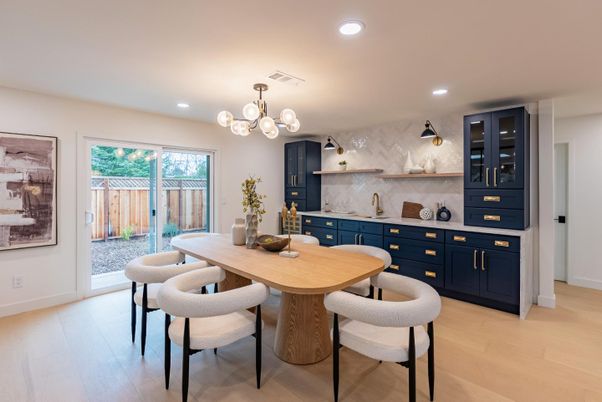Dining room, Interior, Marble Walls, Pendant Lights, Recessed Lighting, Wood Texture Flooring