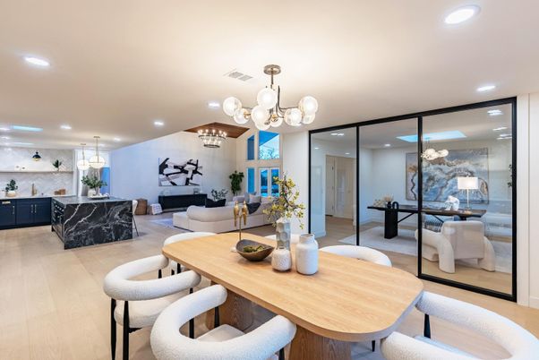 Dining room, Interior, Living room, Pendant Lights, Recessed Lighting, Wood Texture Flooring