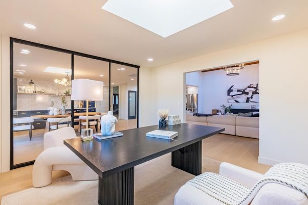 Home Office, Interior, Living room, Recessed Lighting, Wood Texture Flooring