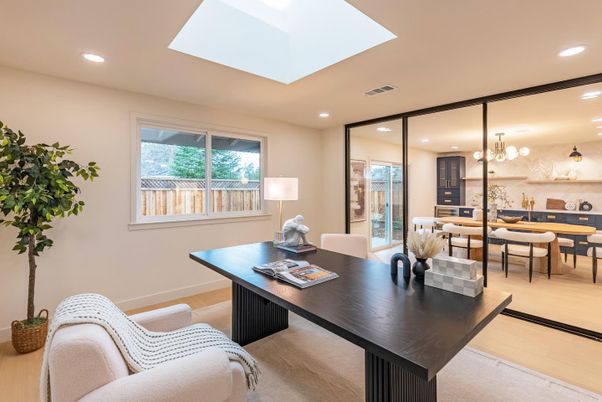 Home Office, Interior, Pendant Lights, Recessed Lighting, Wood Texture Flooring