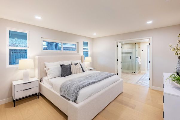 Bathroom, Bedroom, Glass Shower, Interior, Recessed Lighting, Wood Texture Flooring