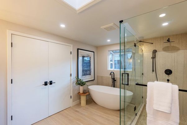 Bathroom, Free Standing Baths, Glass Shower, Interior, Recessed Lighting, Wood Texture Flooring