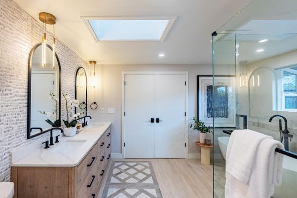 Bathroom, Dual Sink Vanities, Glass Shower, Interior, Pendant Lights, Recessed Lighting, Wood Texture Flooring