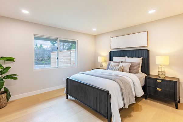 Bedroom, Interior, Recessed Lighting, Wood Texture Flooring