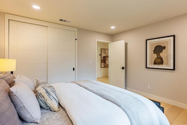 Bedroom, Interior, Recessed Lighting, Wood Texture Flooring