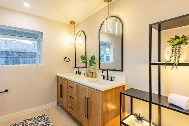 Bathroom, Dual Sink Vanities, Interior, Pendant Lights, Recessed Lighting, Wood Texture Flooring