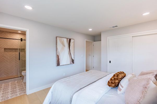 Bathroom, Bedroom, Glass Shower, Interior, Recessed Lighting, Wood Texture Flooring