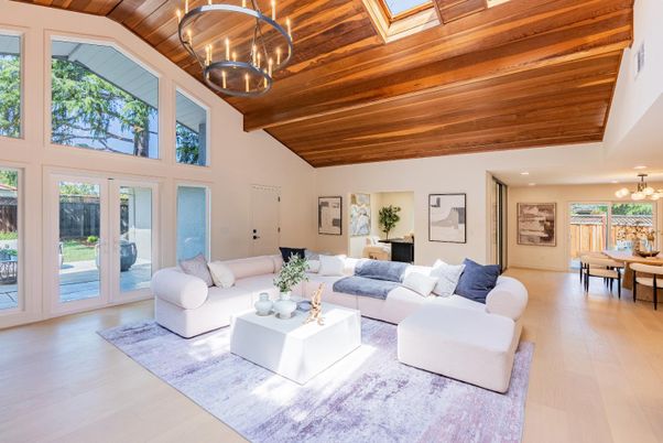 Chandelier, Dining room, Interior, Living room, Pendant Lights, Recessed Lighting, Wooden Beams, Wooden Ceilings, Wood Texture Flooring